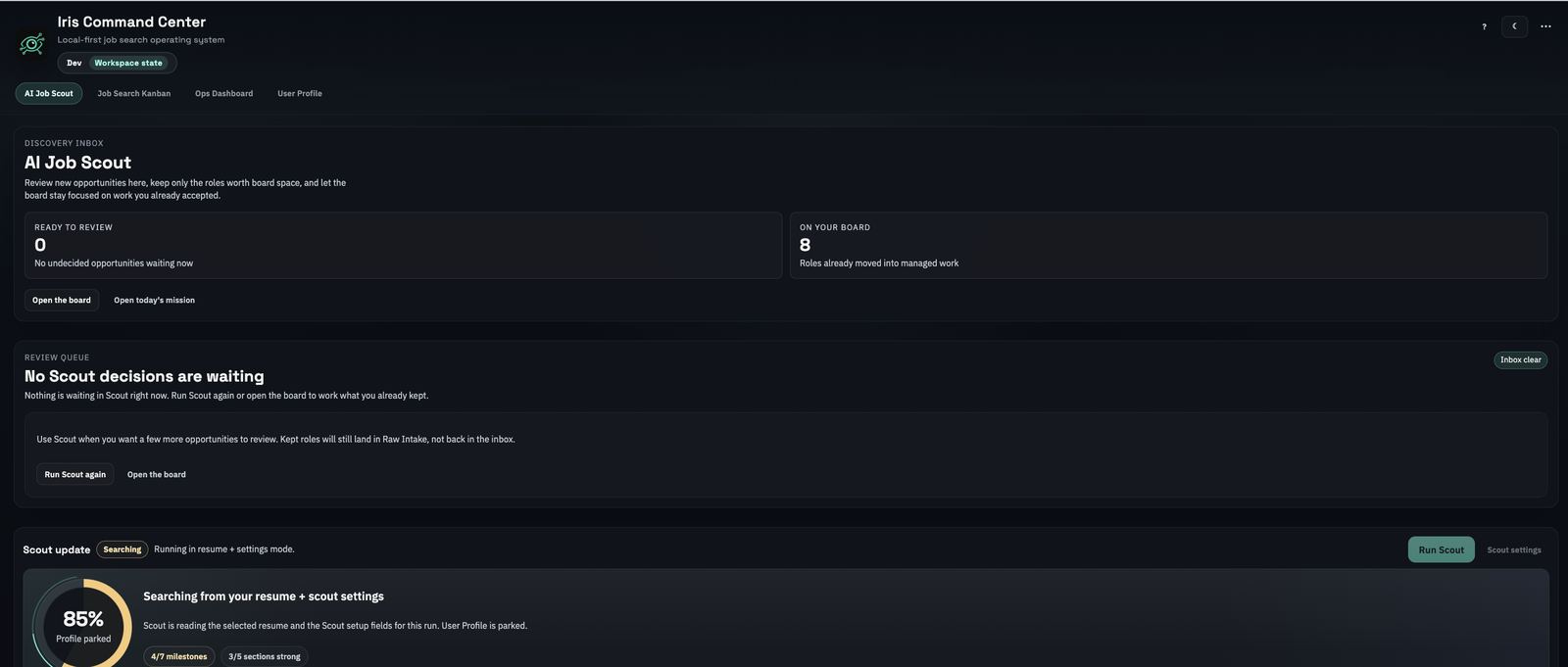 Iris Scout page showing discovery inbox and scout update